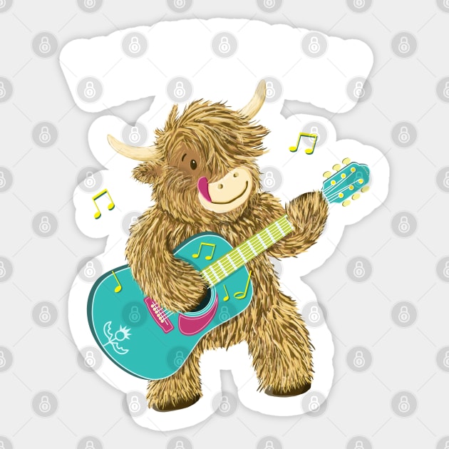 Scottish Highland Cow Guitarist Plays Rock Aye The Moo! Sticker by brodyquixote